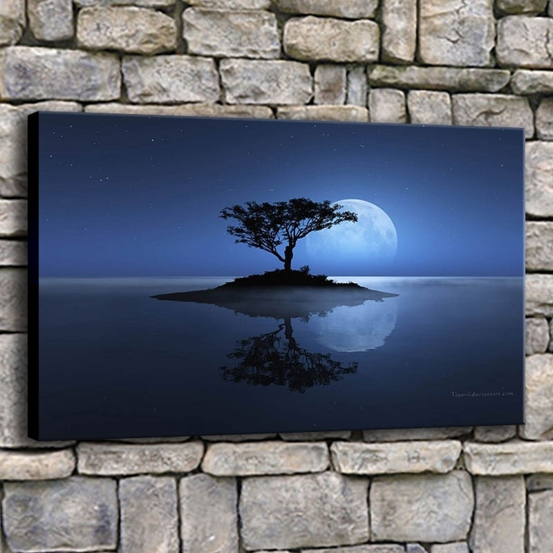 Tree with Full Moon on Canvas